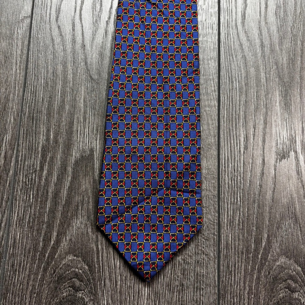 Brooks Brothers Makers Silk Tie Blue Red Geometric Bit Bridle Italian Fabric USA